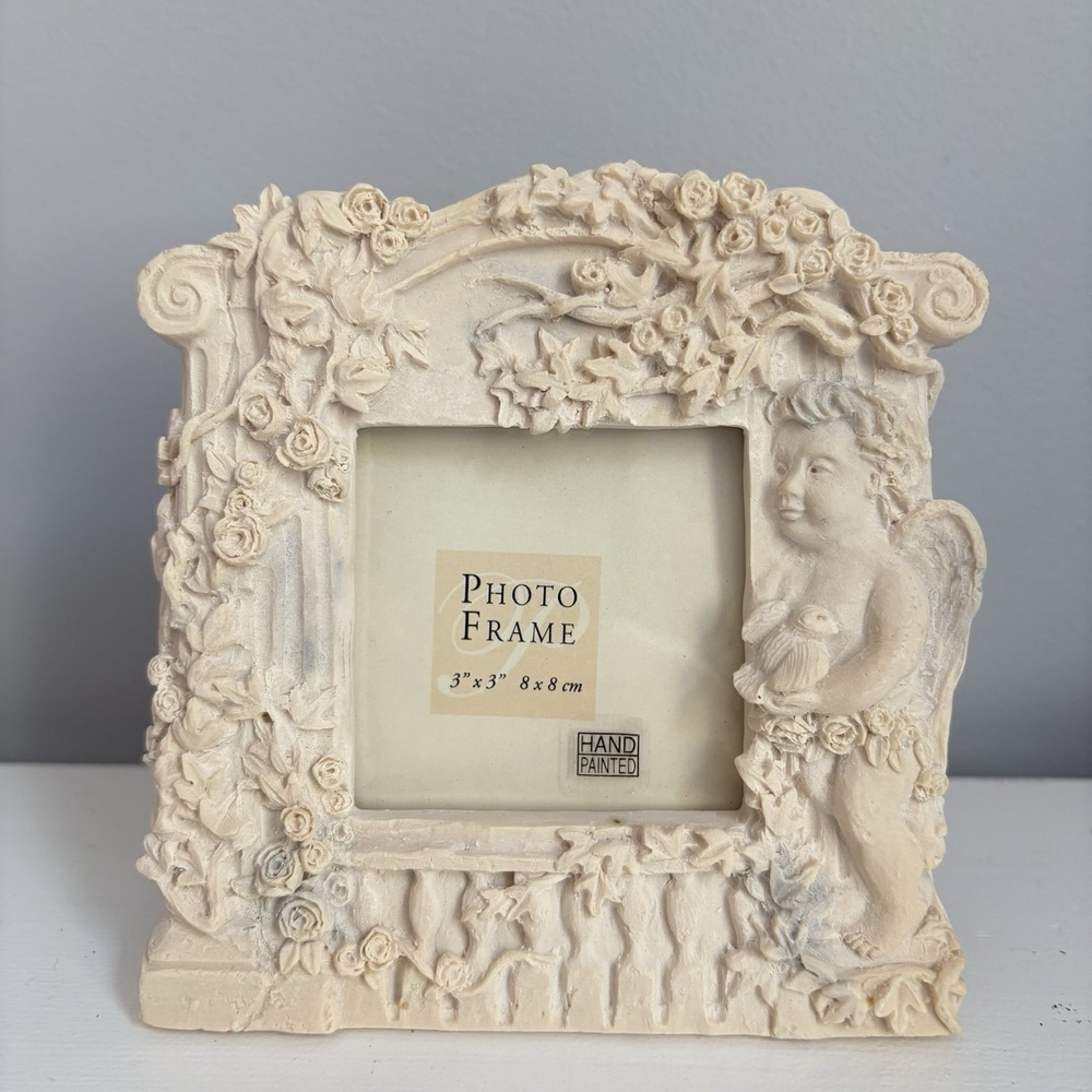 Vintage Cherubs Photo Frame Angel Renaissance Style Photo Size 3"x3" White - Picture 2 of 9